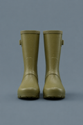 Olive waterproof dog walking boots on a blue-grey studio background