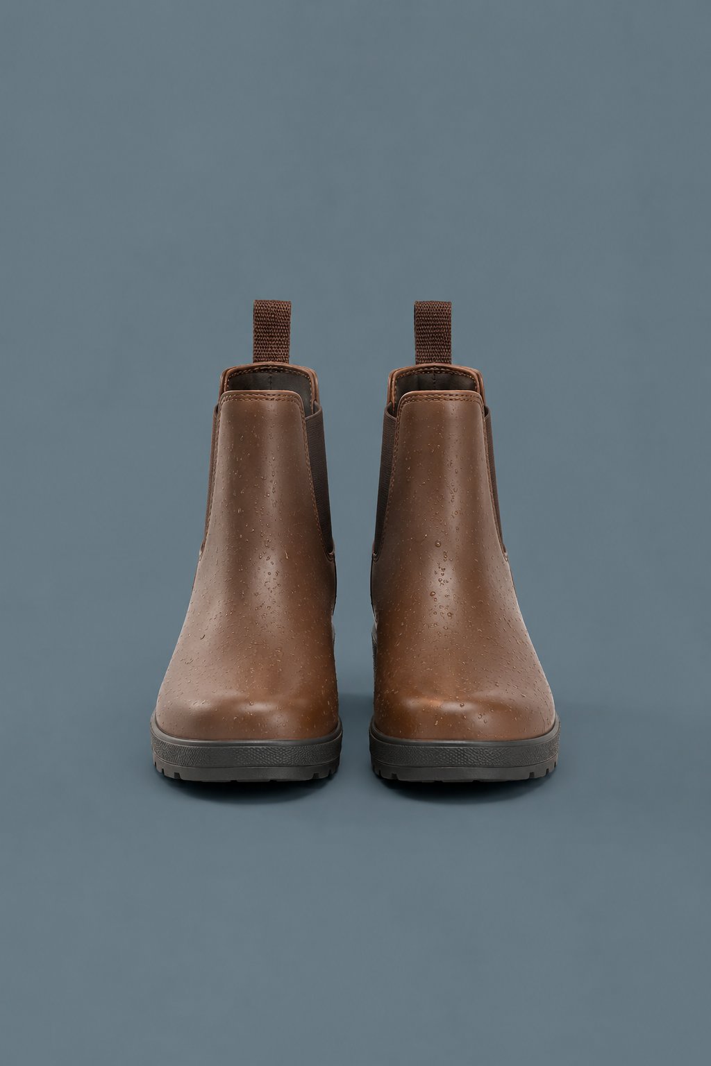 Brown waterproof Chelsea boots with water droplets on a blue-grey background