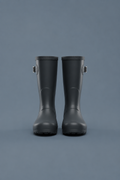 Women’s matte black mid rain boots on a grey-blue studio background