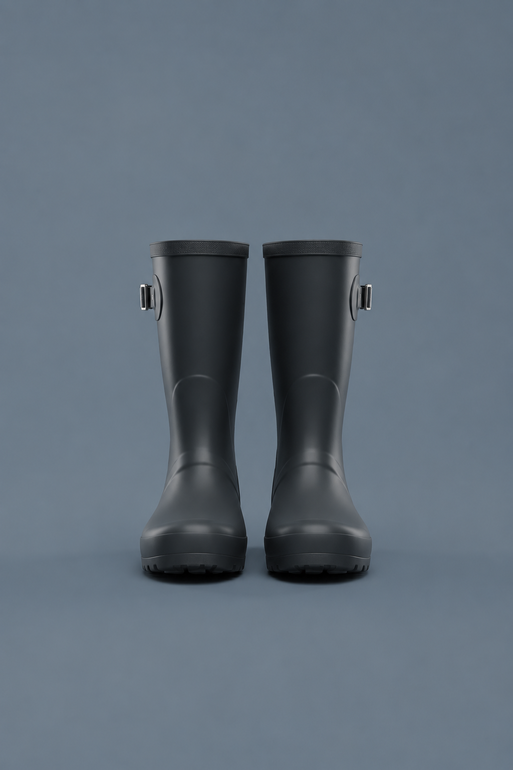 Women’s matte black mid rain boots on a grey-blue studio background