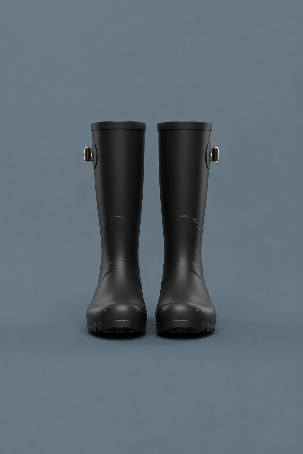 Women’s tall black rain boots on a blue-grey studio background